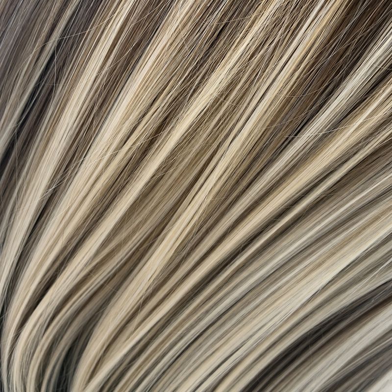 an extreme macro detail of individual cool beige-blonde highlight ribbons through straight shoulder-length hair, filling the frame; no head-from-behind composition and no copper
