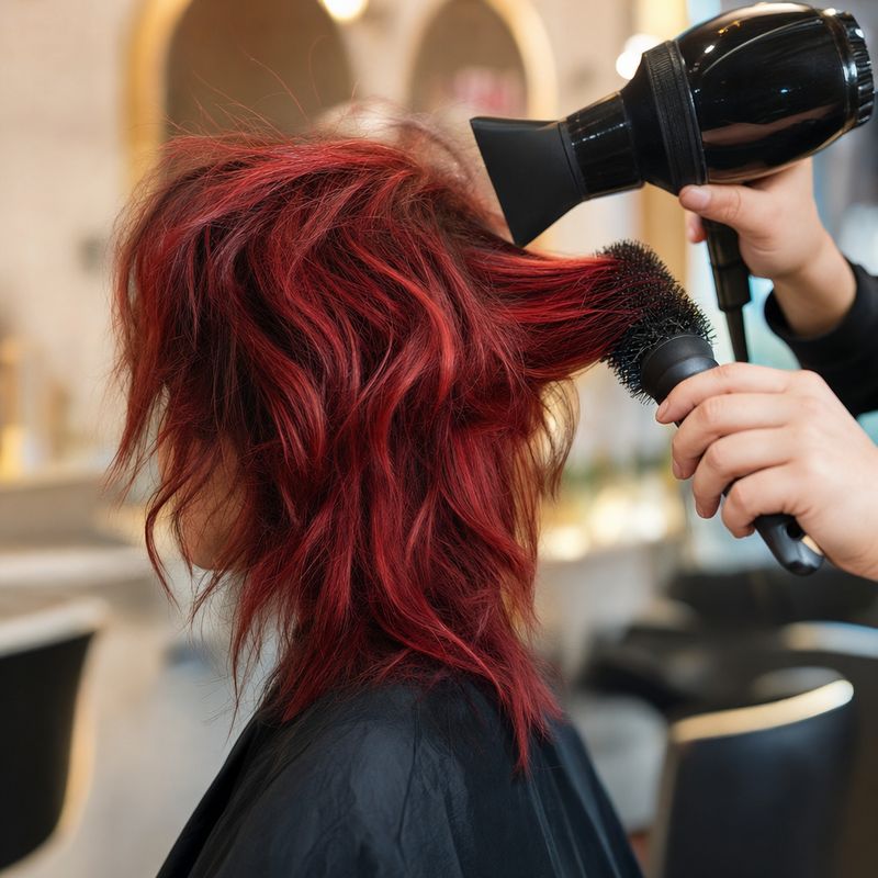 a stylist's hands blow-drying a shoulder-length vivid cherry-red shag in motion, photographed from the side with dryer and round brush clearly visible; final styling in progress, no blonde and no copper balayage