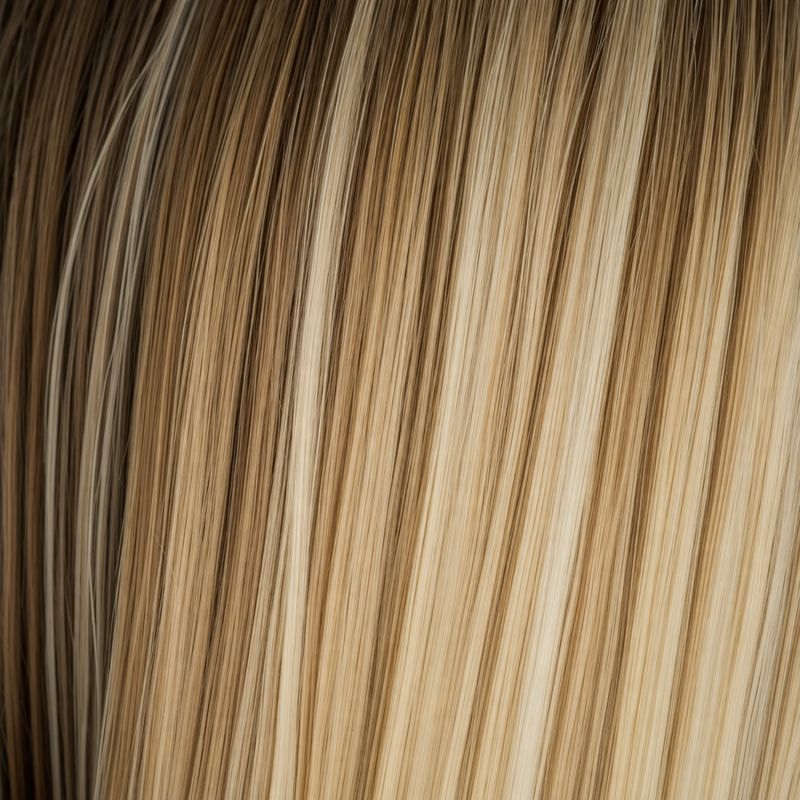 an extreme macro detail of individual cool beige-blonde highlight ribbons through straight shoulder-length hair, filling the frame; no head-from-behind composition and no copper